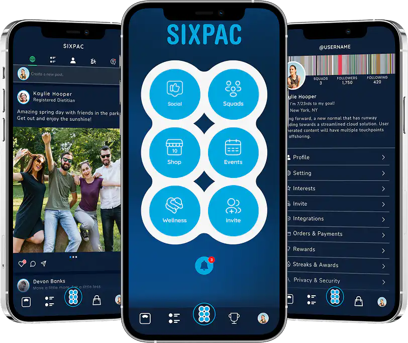 SIXPAC mobile app screens showing social, shop, events, wellness, squads, and customer tools