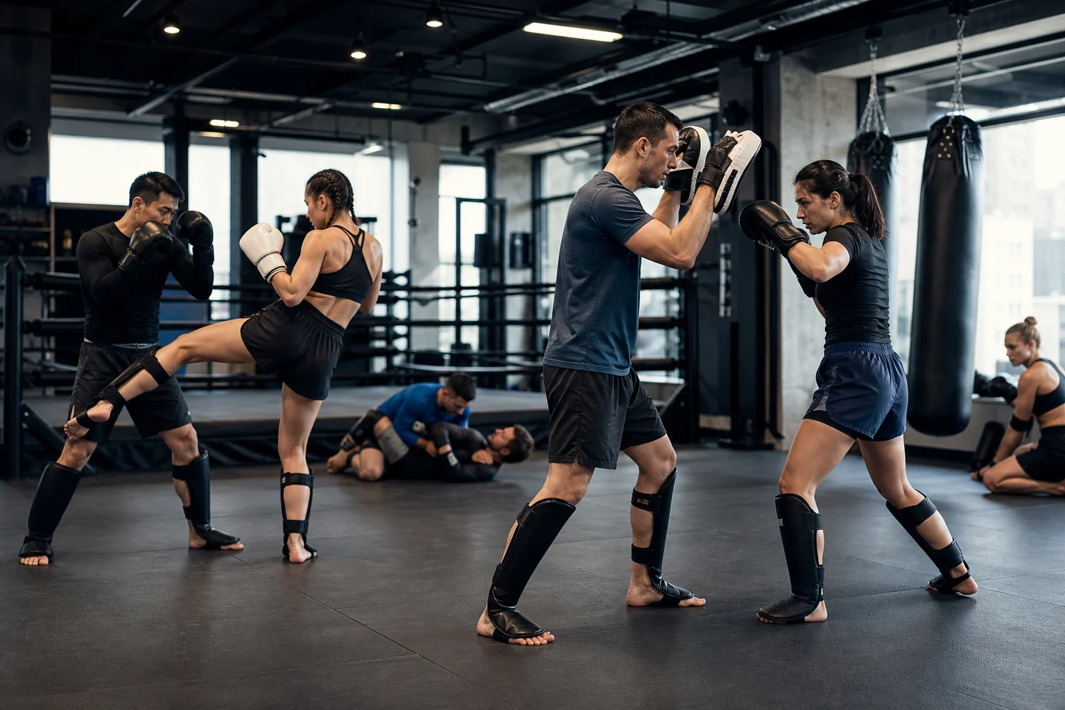 Boxing, MMA and kickboxing athletes training in a modern combat sports gym