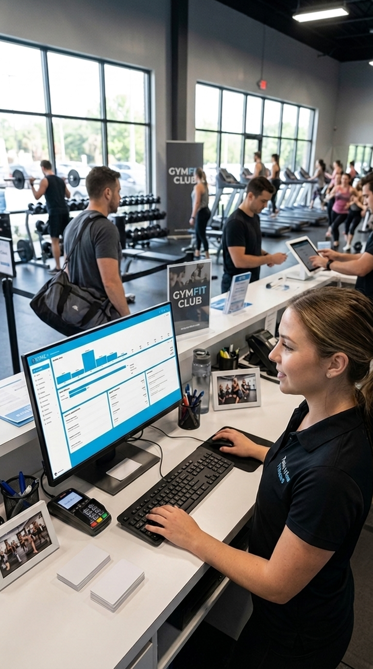 Gym staff using business software at the front desk while members train