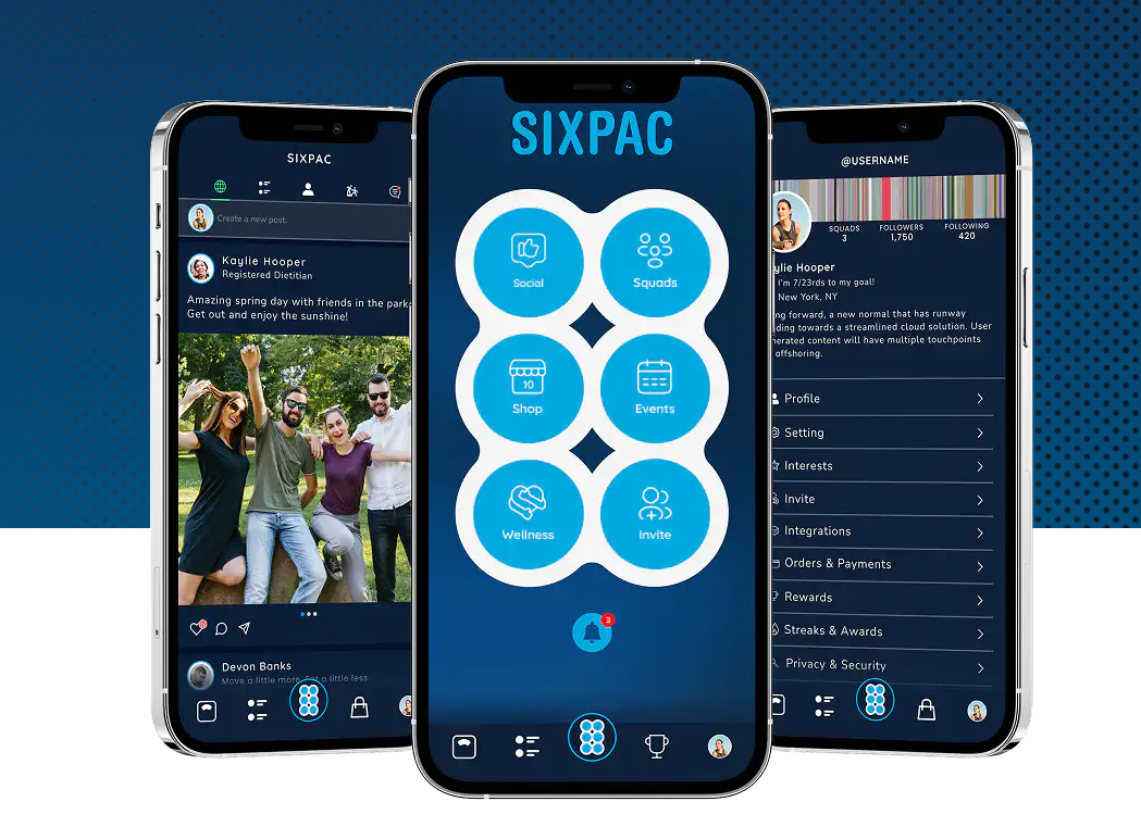 SIXPAC social mobile app screens with social feed, menu, and customer profile tools